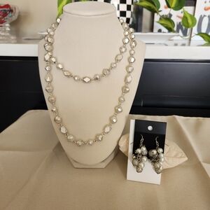 Elegant Silver Jewelry Set Necklace Is 36" And Earrimgs Are 2" Drop